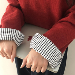 チェックシャツレイヤードニット RED