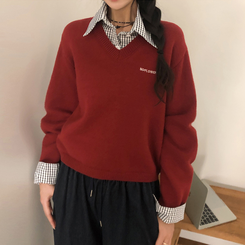 チェックシャツレイヤードニット RED