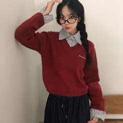 チェックシャツレイヤードニット RED