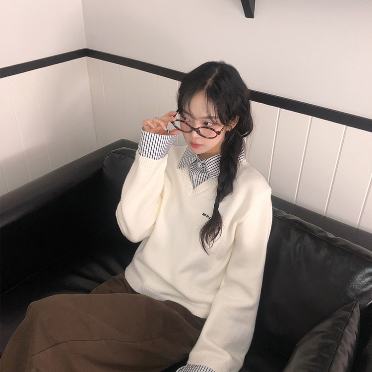 チェックシャツレイヤードニット WHITE