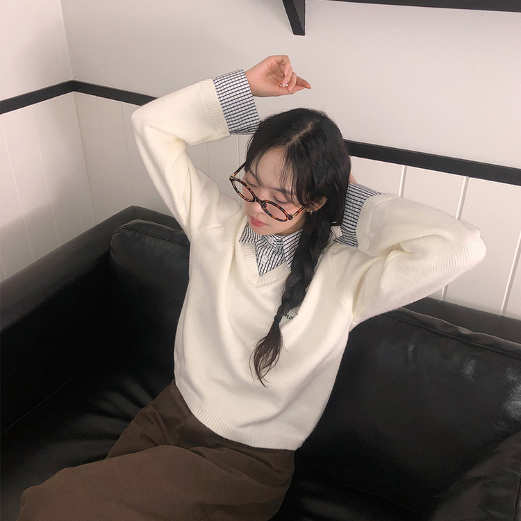 チェックシャツレイヤードニット WHITE