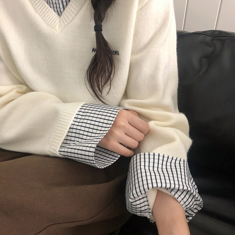 チェックシャツレイヤードニット WHITE