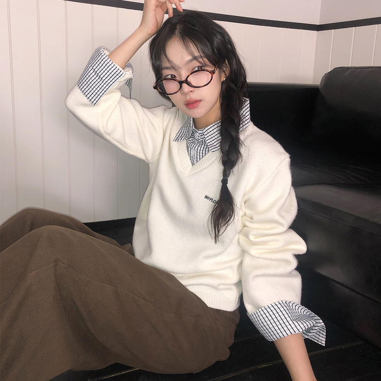 チェックシャツレイヤードニット WHITE