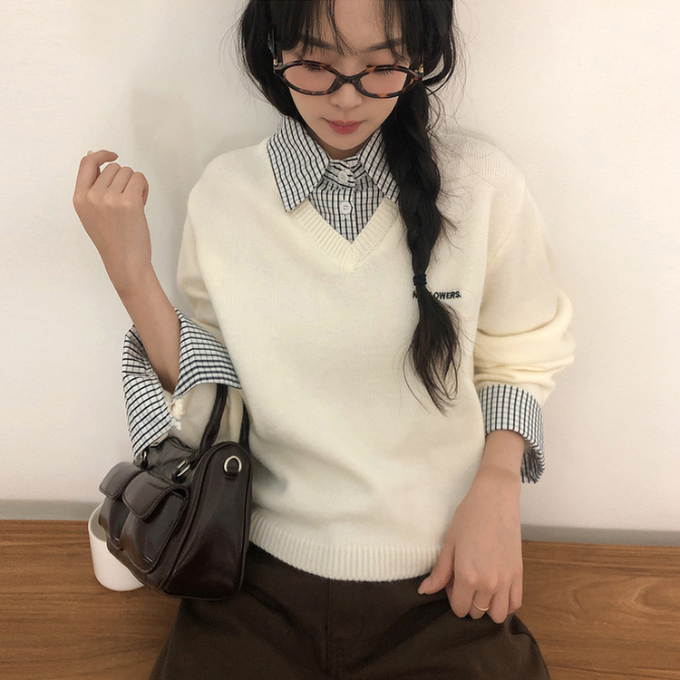 チェックシャツレイヤードニット WHITE