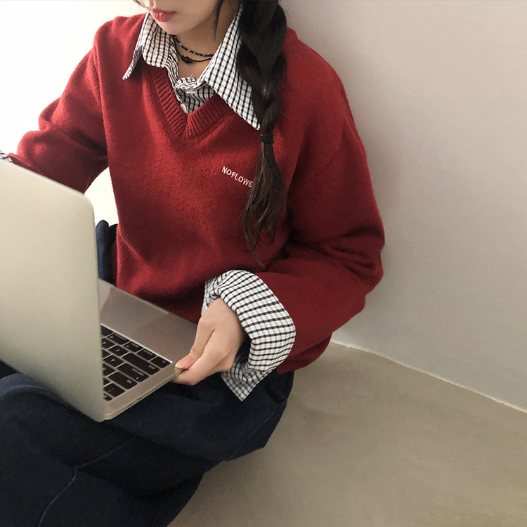 チェックシャツレイヤードニット RED