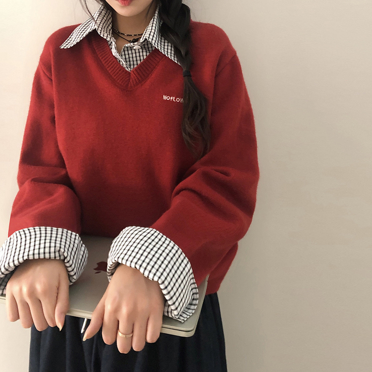 チェックシャツレイヤードニット RED