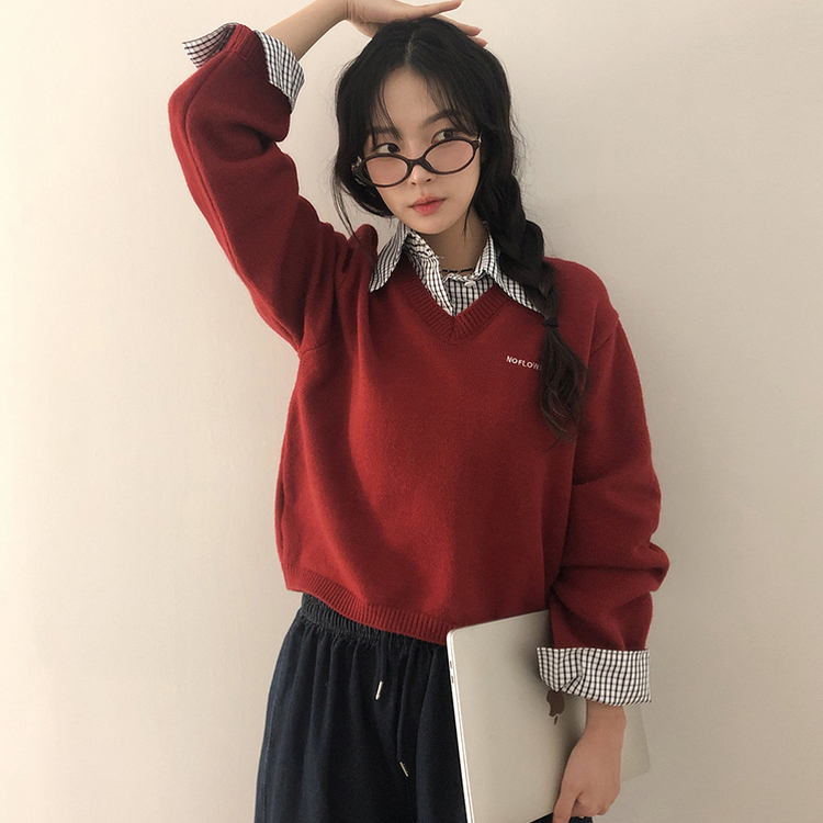 チェックシャツレイヤードニット RED