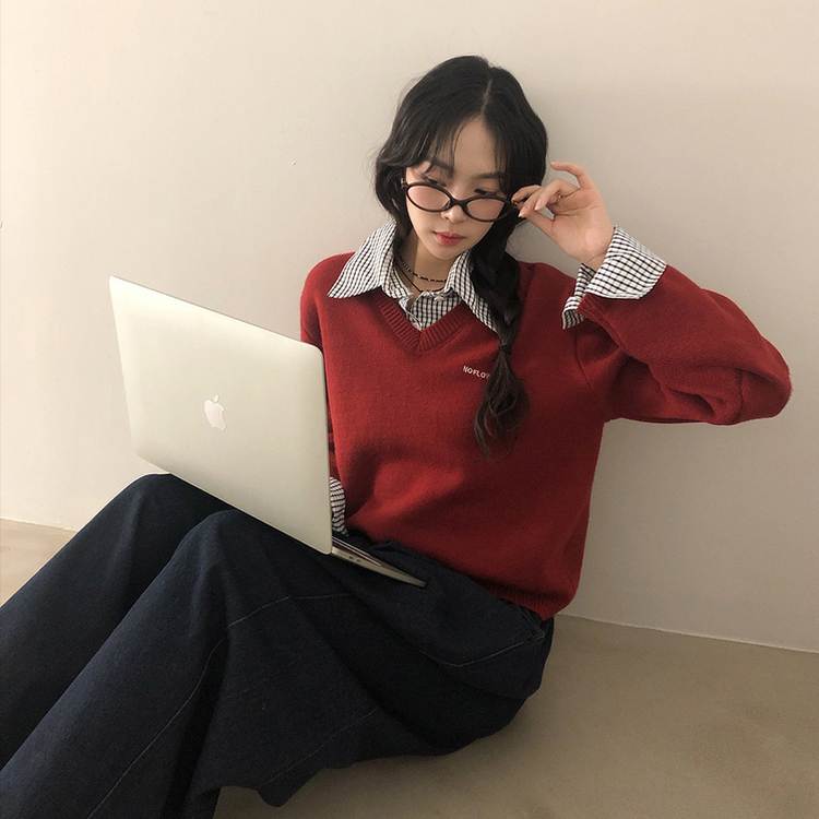 チェックシャツレイヤードニット RED