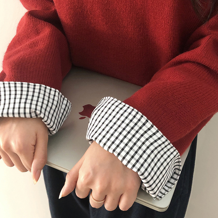 チェックシャツレイヤードニット RED