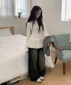 모토 3단기장 와이드 절개라인 투핀턱 사이드핀턱 데님 팬츠 그레이시진청