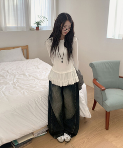 모토 3단기장 와이드 절개라인 투핀턱 사이드핀턱 데님 팬츠 그레이시진청