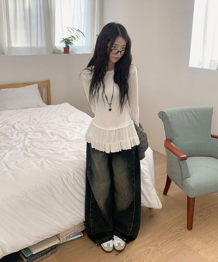 모토 3단기장 와이드 절개라인 투핀턱 사이드핀턱 데님 팬츠 그레이시진청