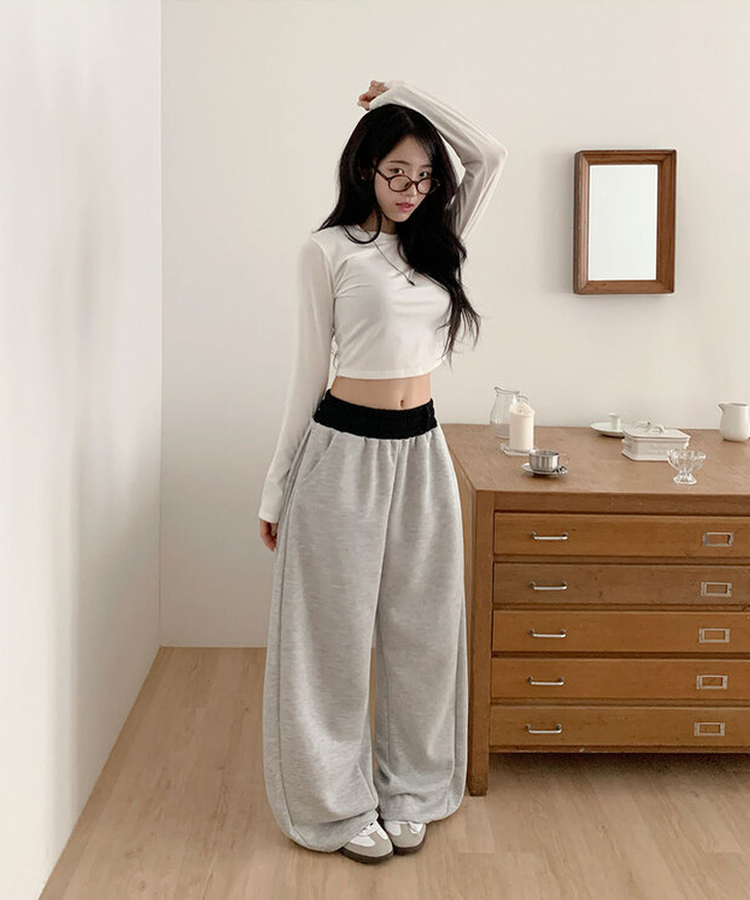 バイカラーサイドピンタックワイドパンツ｜コットンパンツ｜韓国