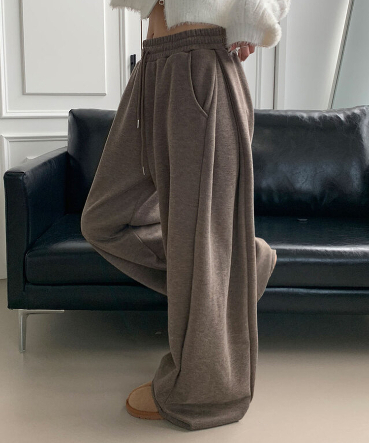 단독최저가 윙크 사이드핀턱 올밴딩 스트링 기모안감 트레이닝 와이드팬츠 브라운