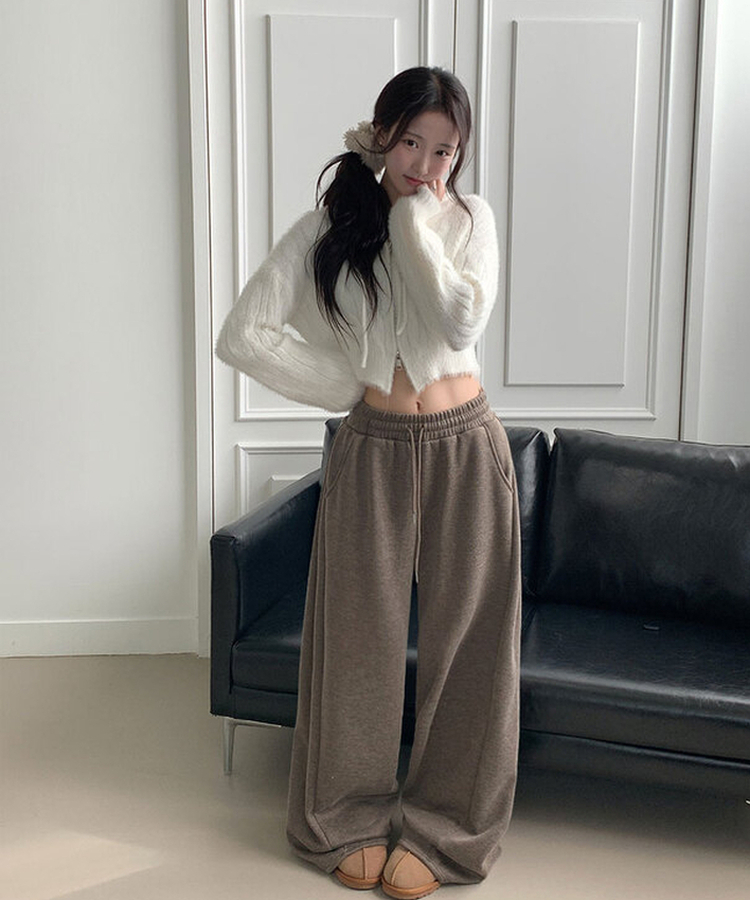 단독최저가 윙크 사이드핀턱 올밴딩 스트링 기모안감 트레이닝 와이드팬츠 브라운