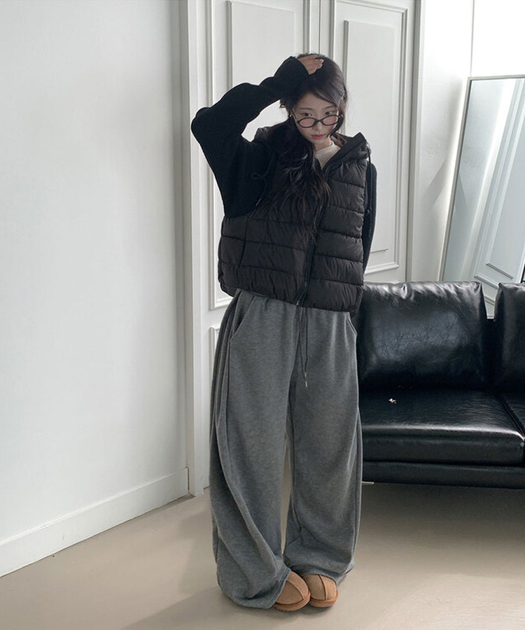 단독최저가 윙크 사이드핀턱 올밴딩 스트링 기모안감 트레이닝 와이드팬츠 그레이