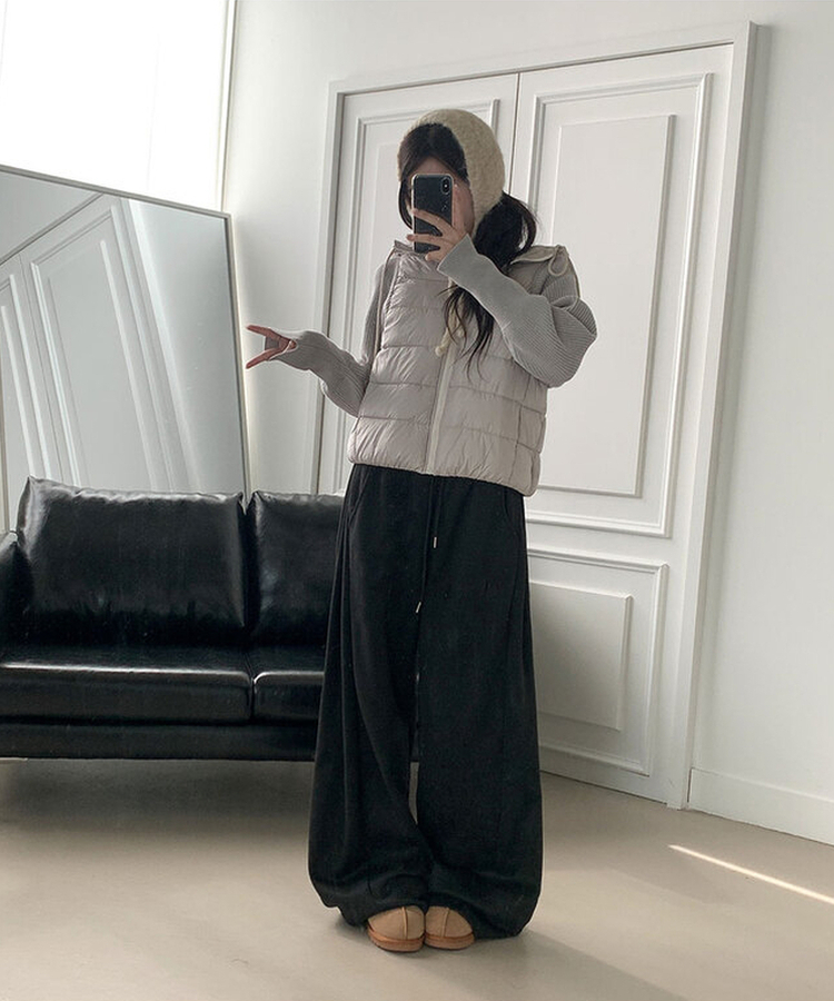 단독최저가 윙크 사이드핀턱 올밴딩 스트링 기모안감 트레이닝 와이드팬츠 블랙