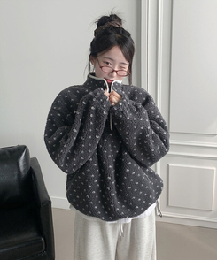 포그니 덤블 플라워 도트 루즈핏 아노락 후리스 하프 집업 그레이