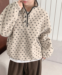 포그니 덤블 플라워 도트 루즈핏 아노락 후리스 하프 집업 베이지