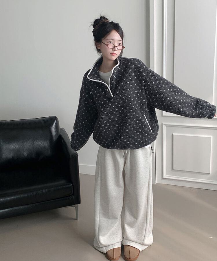 포그니 덤블 플라워 도트 루즈핏 아노락 후리스 하프 집업 그레이