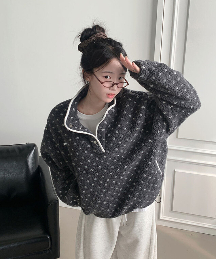 포그니 덤블 플라워 도트 루즈핏 아노락 후리스 하프 집업 그레이