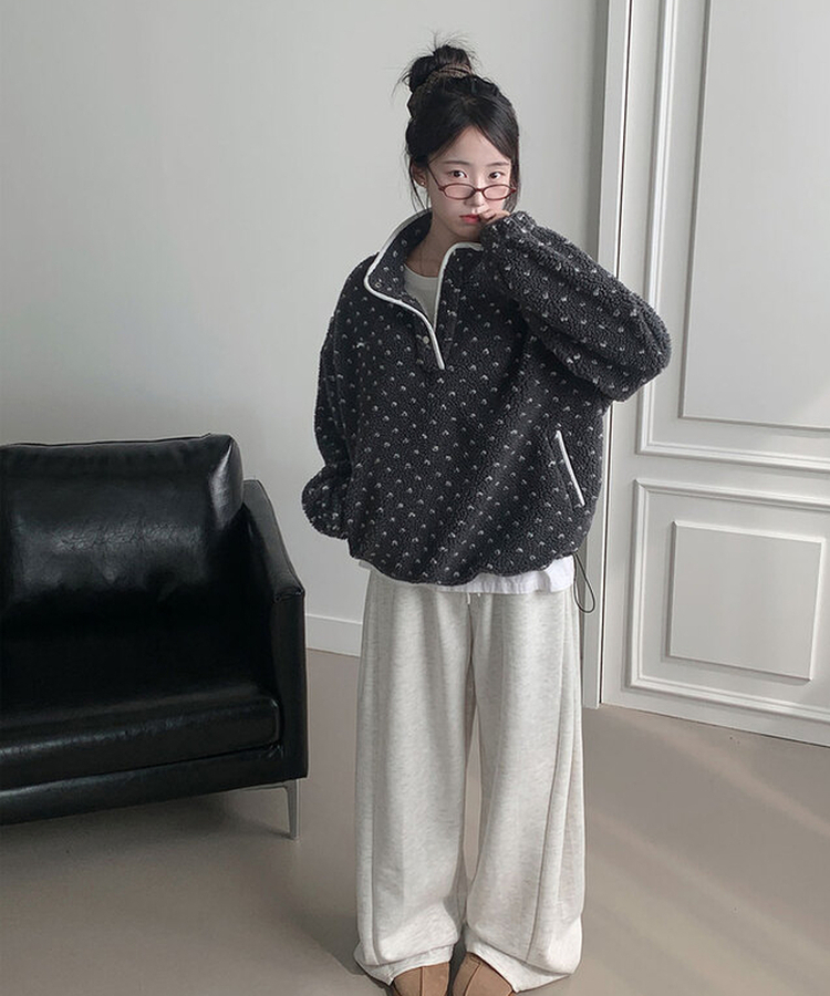 포그니 덤블 플라워 도트 루즈핏 아노락 후리스 하프 집업 그레이