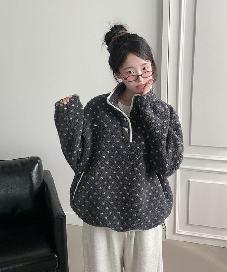 포그니 덤블 플라워 도트 루즈핏 아노락 후리스 하프 집업 그레이