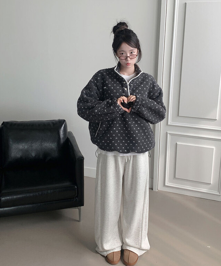 포그니 덤블 플라워 도트 루즈핏 아노락 후리스 하프 집업 그레이