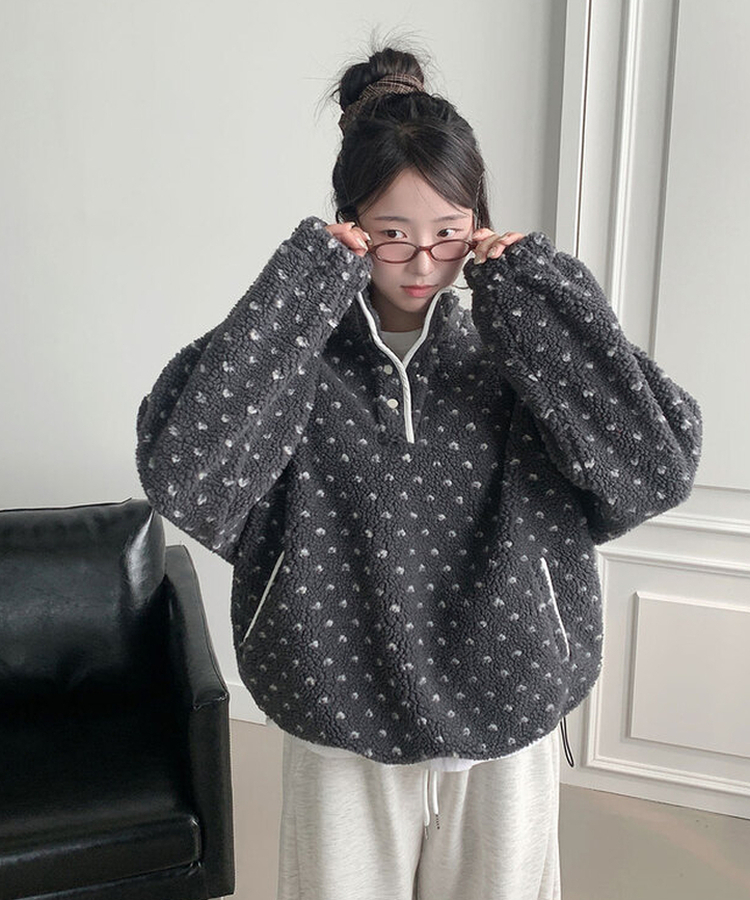 포그니 덤블 플라워 도트 루즈핏 아노락 후리스 하프 집업 그레이