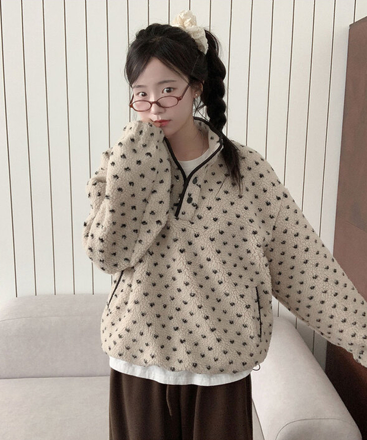 포그니 덤블 플라워 도트 루즈핏 아노락 후리스 하프 집업 베이지