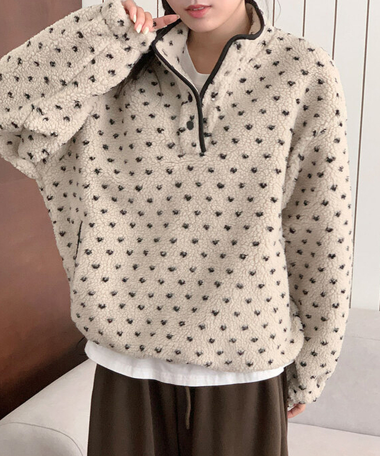 포그니 덤블 플라워 도트 루즈핏 아노락 후리스 하프 집업 베이지