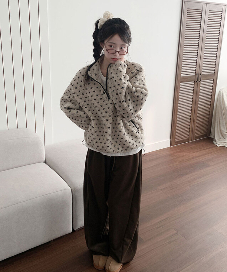 포그니 덤블 플라워 도트 루즈핏 아노락 후리스 하프 집업 베이지