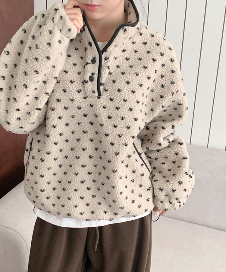 포그니 덤블 플라워 도트 루즈핏 아노락 후리스 하프 집업 베이지