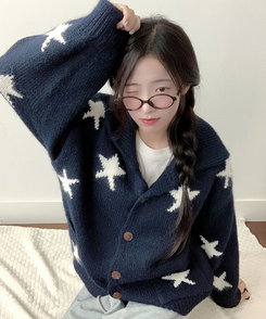 잼잼 유니크 스타 패턴 폭닥 버튼 가디건 네이비