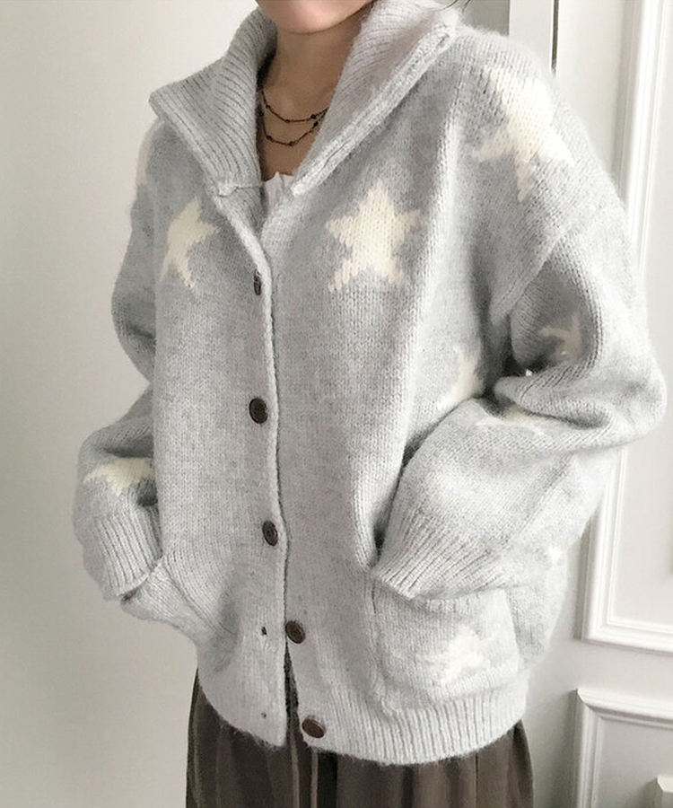 잼잼 유니크 스타 패턴 폭닥 버튼 가디건 소라