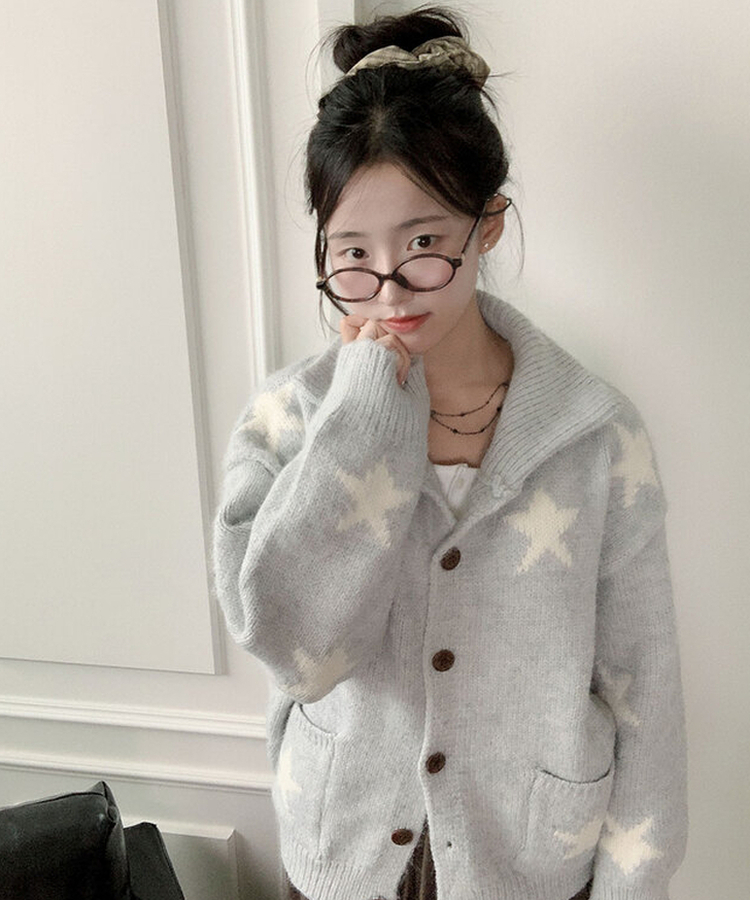 잼잼 유니크 스타 패턴 폭닥 버튼 가디건 소라