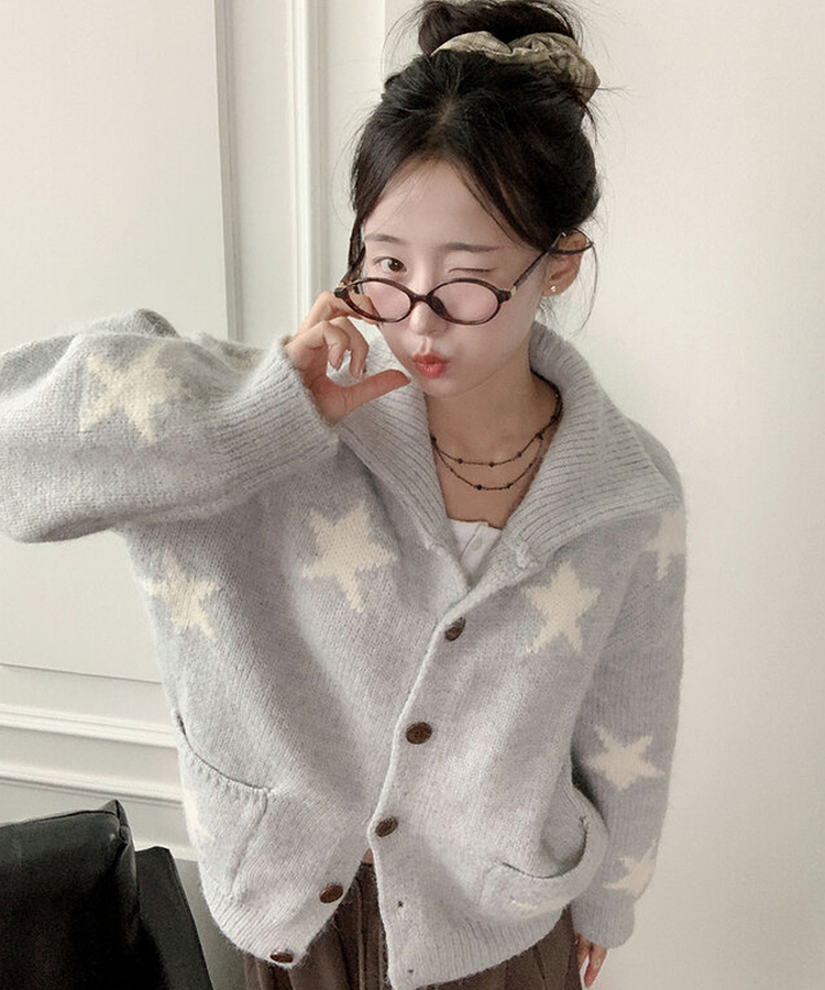 잼잼 유니크 스타 패턴 폭닥 버튼 가디건 소라