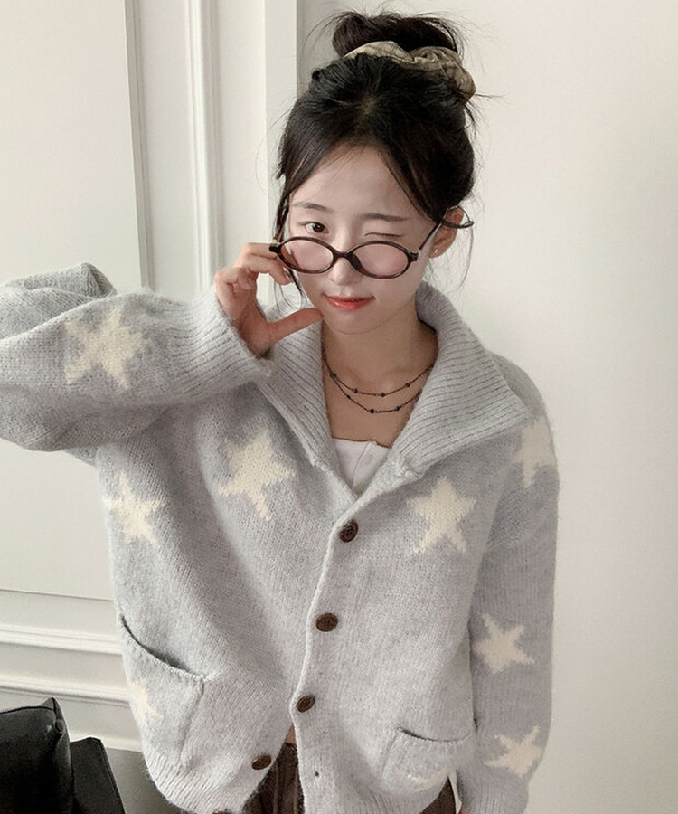 잼잼 유니크 스타 패턴 폭닥 버튼 가디건 소라