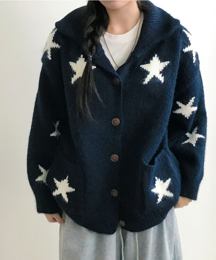잼잼 유니크 스타 패턴 폭닥 버튼 가디건 네이비