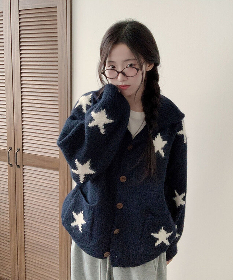 잼잼 유니크 스타 패턴 폭닥 버튼 가디건 네이비