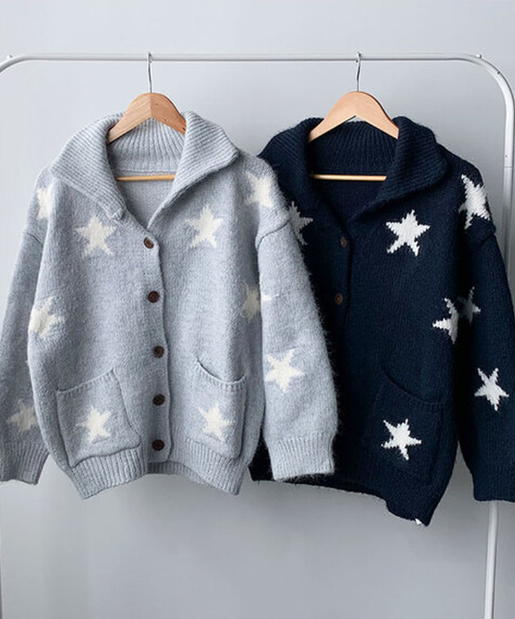 잼잼 유니크 스타 패턴 폭닥 버튼 가디건