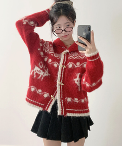 메티 떡볶이단추 아방핏 라운드카라 노르딕 패턴 니트 가디건 겨울아우터 아크릴니트 레드