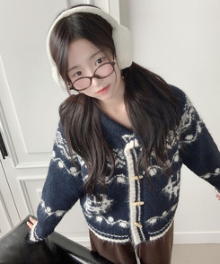메티 떡볶이단추 아방핏 라운드카라 노르딕 패턴 니트 가디건 겨울아우터 아크릴니트 네이비
