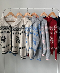 메티 떡볶이단추 아방핏 라운드카라 노르딕 패턴 니트 가디건 겨울아우터 아크릴니트