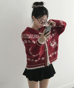 메티 떡볶이단추 아방핏 라운드카라 노르딕 패턴 니트 가디건 겨울아우터 아크릴니트 레드