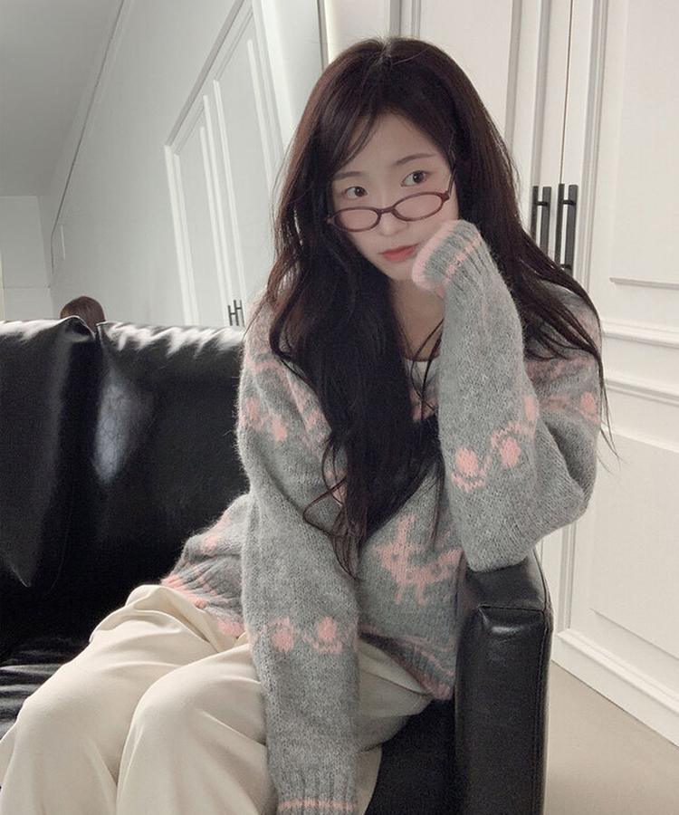 메티 떡볶이단추 아방핏 라운드카라 노르딕 패턴 니트 가디건 겨울아우터 아크릴니트 핑크그레이