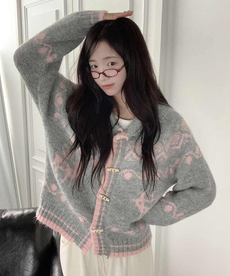 메티 떡볶이단추 아방핏 라운드카라 노르딕 패턴 니트 가디건 겨울아우터 아크릴니트 핑크그레이