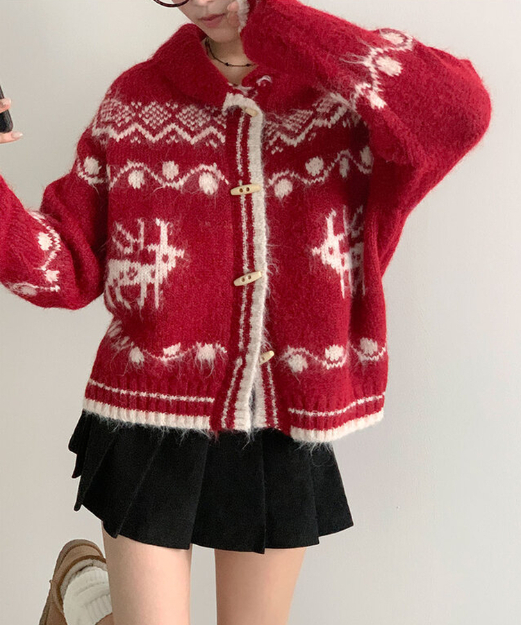 메티 떡볶이단추 아방핏 라운드카라 노르딕 패턴 니트 가디건 겨울아우터 아크릴니트 레드