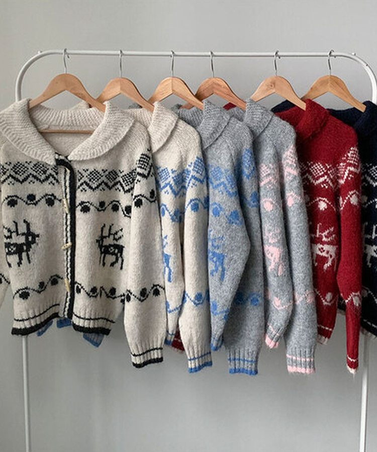 메티 떡볶이단추 아방핏 라운드카라 노르딕 패턴 니트 가디건 겨울아우터 아크릴니트