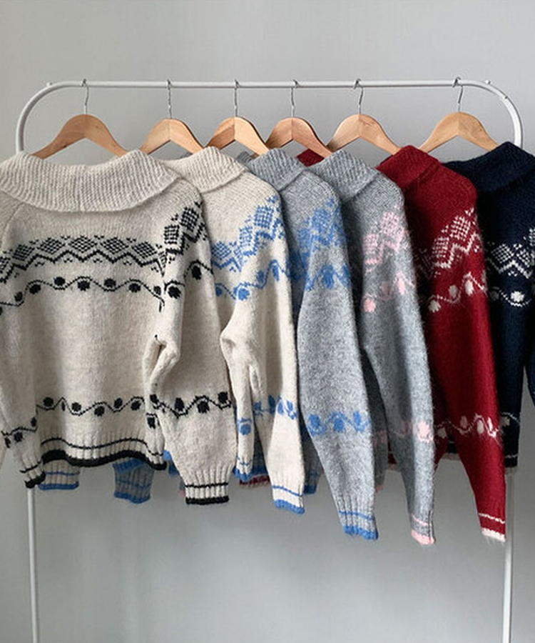 메티 떡볶이단추 아방핏 라운드카라 노르딕 패턴 니트 가디건 겨울아우터 아크릴니트